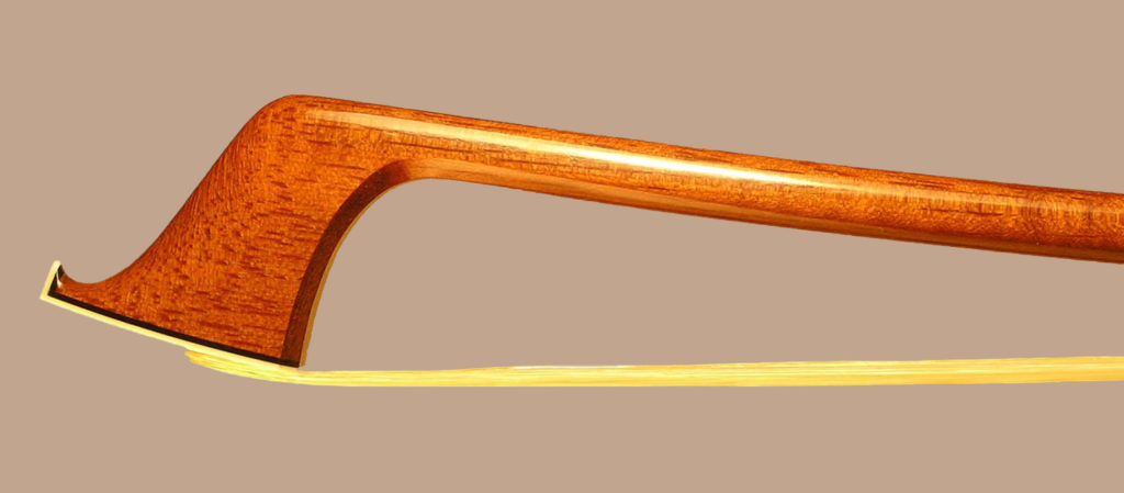 Viola Bow with a round Amourette (unfigured snakewood) stick, gold-mounted ebony frog with plain pearl eyes and divided button.