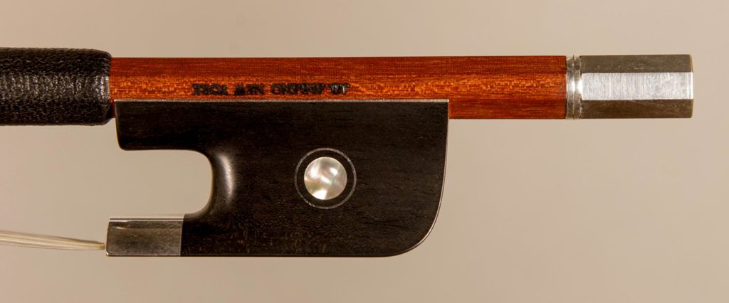 Cello Bow silver-mounted ebony frog with Parisian eyes and solid button.