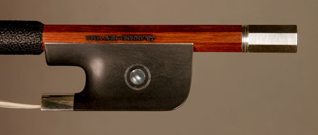 Cello Bow silver-mounted Faux ebony frog with Parisian eyes and solid button.