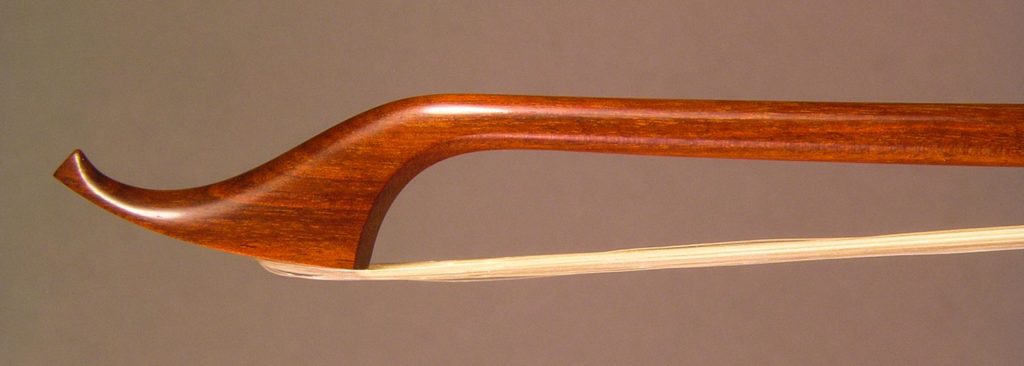 Classical Cello Bow with round pernambuco stick, open trench ebony frog and greenheart button.