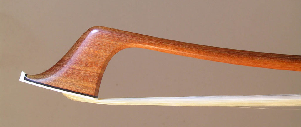 Bass Bow with a round pernambuco stick, silver-mounted ebony frog with plain pearl eyes and solid button.