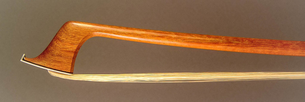 Silver-mounted violin bow with dark faux tortoiseshell frog