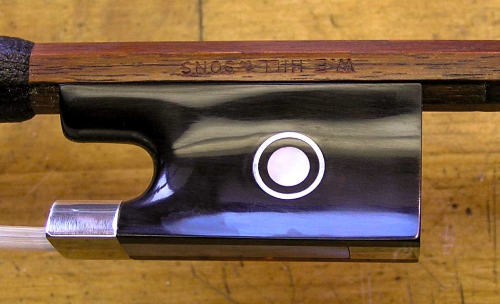 WE Hill & Sons violin bow tortoiseshell frog after tinted epoxy repair