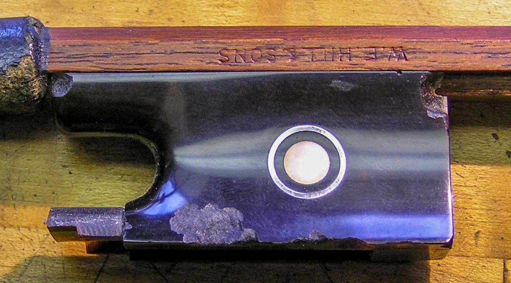 WE Hill & Sons violin bow tortoiseshell frog with extensive mite damage